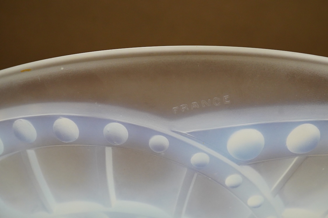 J Landier, a French Art Deco opalescent glass bowl on wooden pedestal base, 35cm in diameter